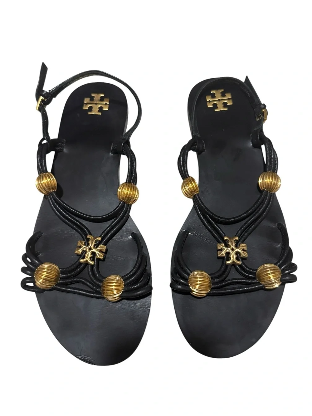 Tory Burch Capri Multi-Strap Sandals in Black and Gold Size 8.5